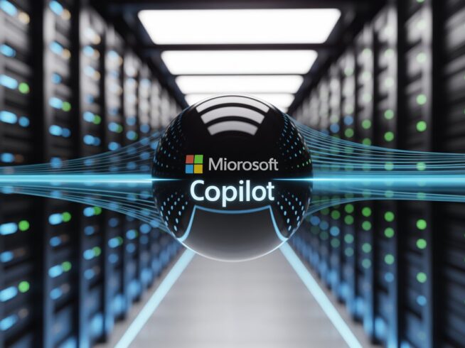 Microsoft Copilot article image of a black ball in center hovering in air in a server room