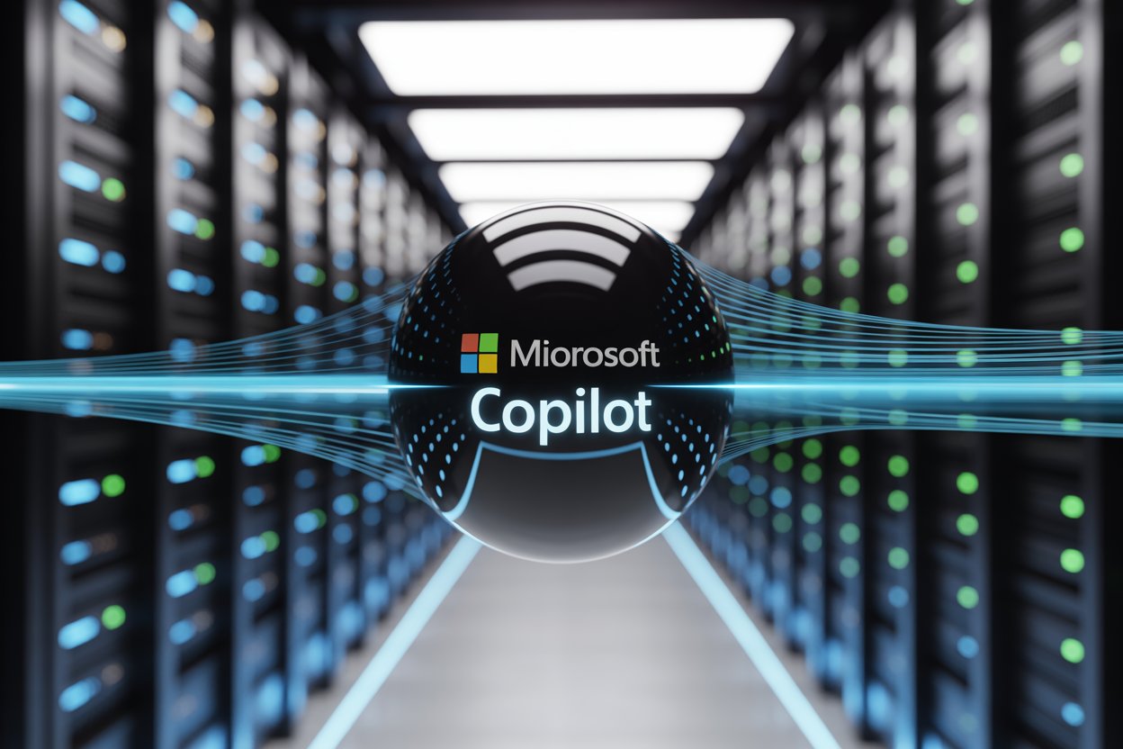 Microsoft Copilot article image of a black ball in center hovering in air in a server room