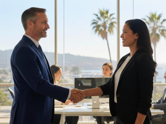 Switching MSPs without downtime (business office, man in suit shaking hands with woman in suit)