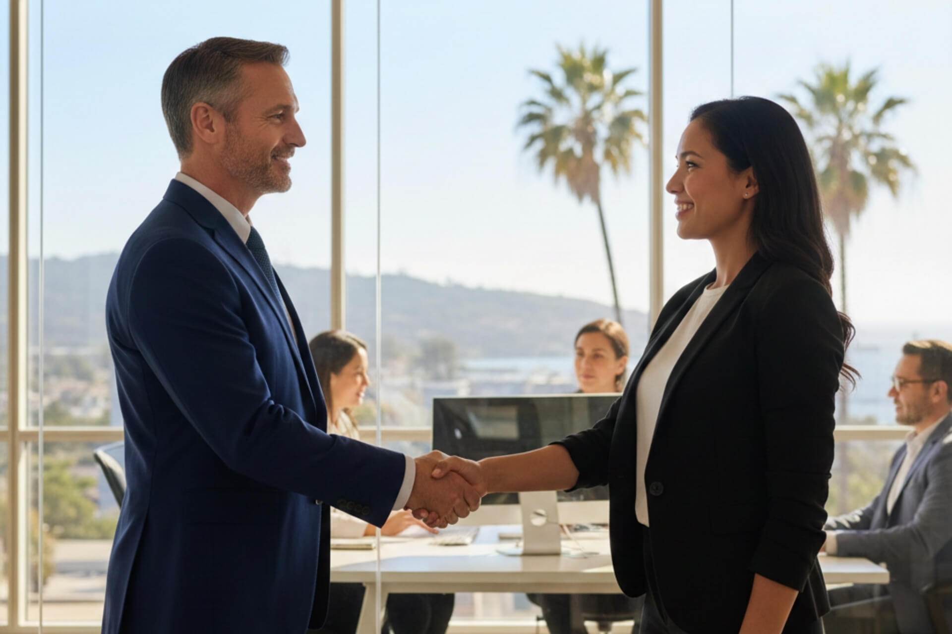 Switching MSPs without downtime (business office, man in suit shaking hands with woman in suit)